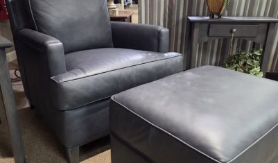 Hancock & Moore Ricki chari & ottoman. Juno Soft Blue leather. Was $8,500. Sale $5,400. NOW $2,250. both pieces. 3 in stock.